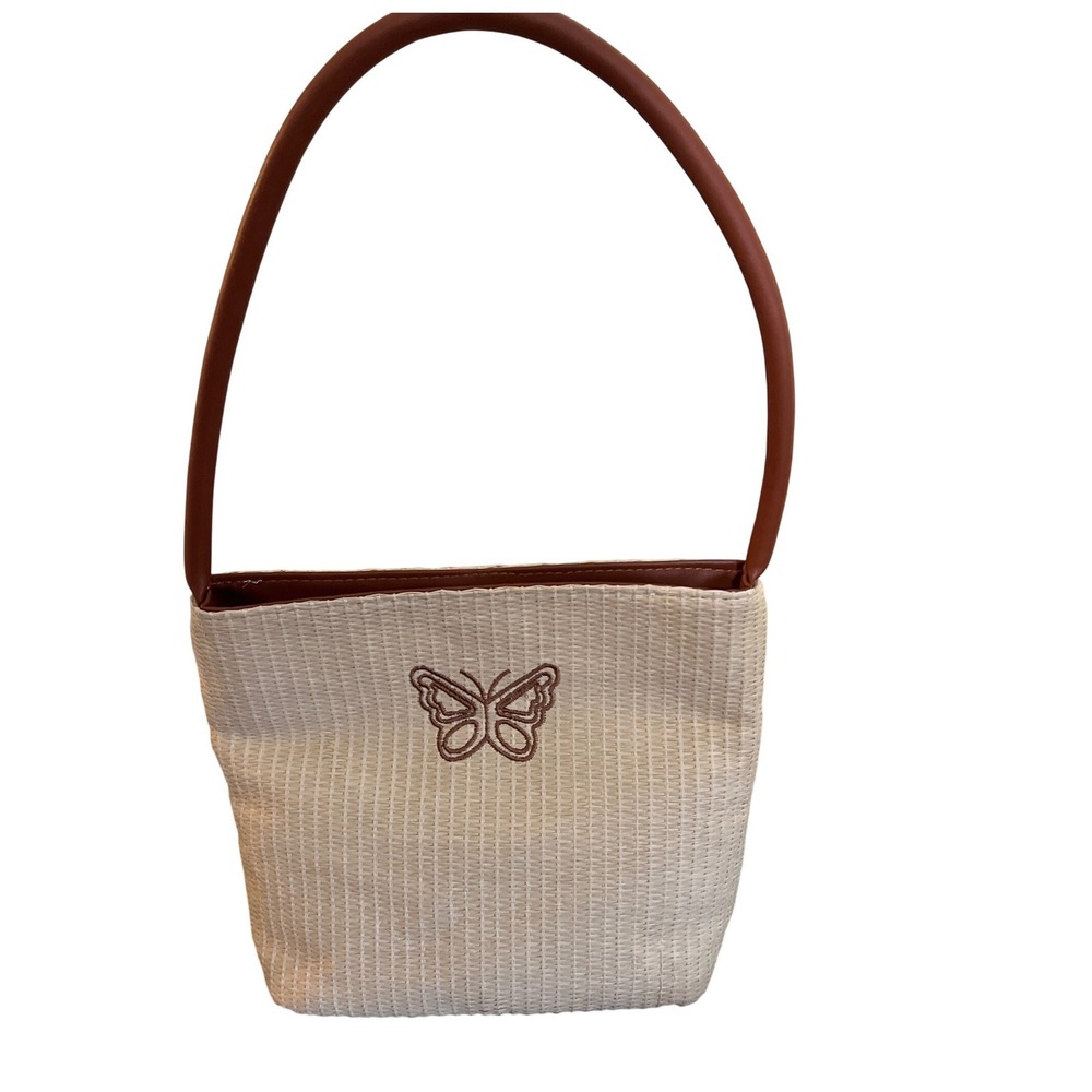 Woven Straw Bucket Bag Butterfly Embroidery Brown Faux‎ Leather Strap